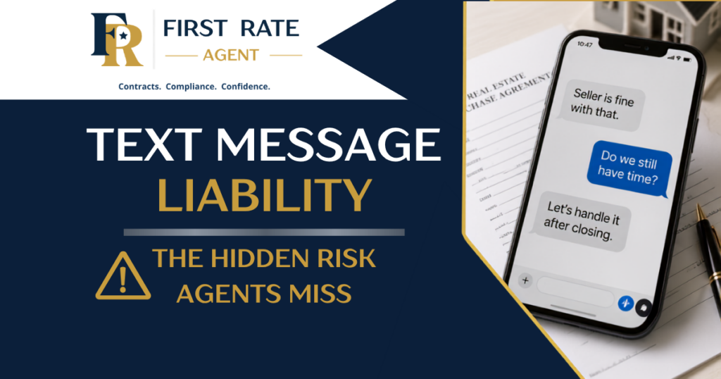 Graphic illustrating how text messages can create liability and documentation issues in real estate transactions.