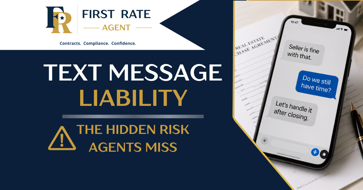 Graphic illustrating how text messages can create liability and documentation issues in real estate transactions.