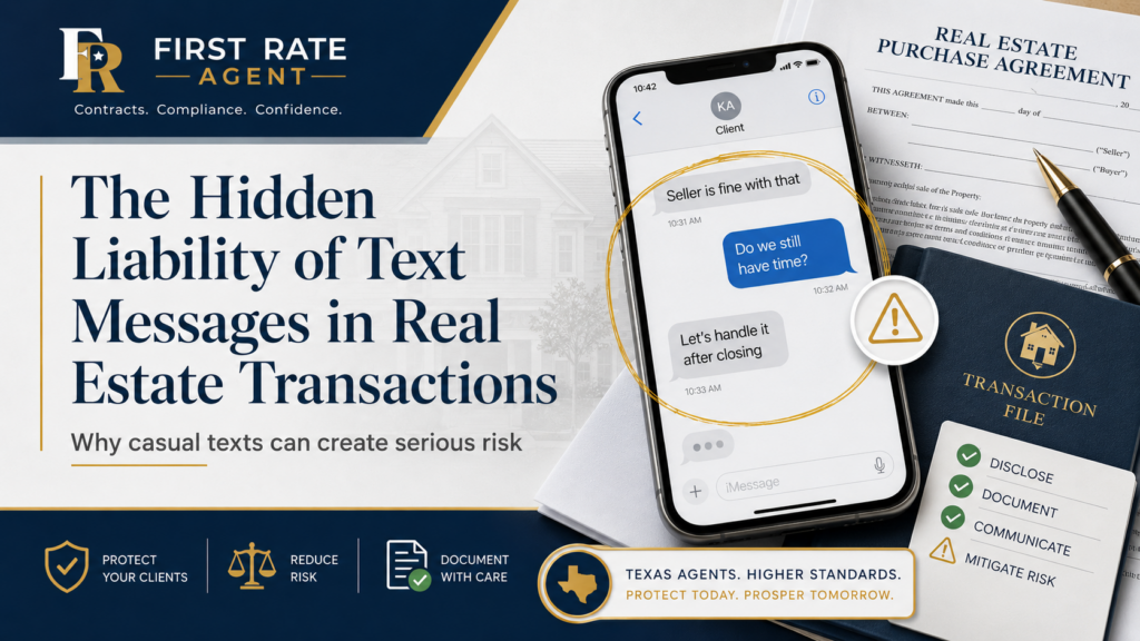 Graphic illustrating how text messages can create liability and documentation issues in real estate transactions.